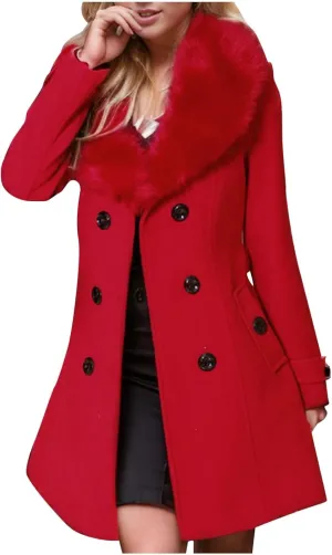Trench Coat for Women 2024 Detachable Fur Collar Coat Double Breasted Pea Coat Long Trendy Winter Coat Fashion Outfits