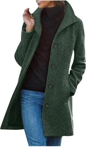Trench Coat Women Winter Wool Pea Coat Stand Collar Single Breasted Jacket Casual Thicken Overcoat with Pockets