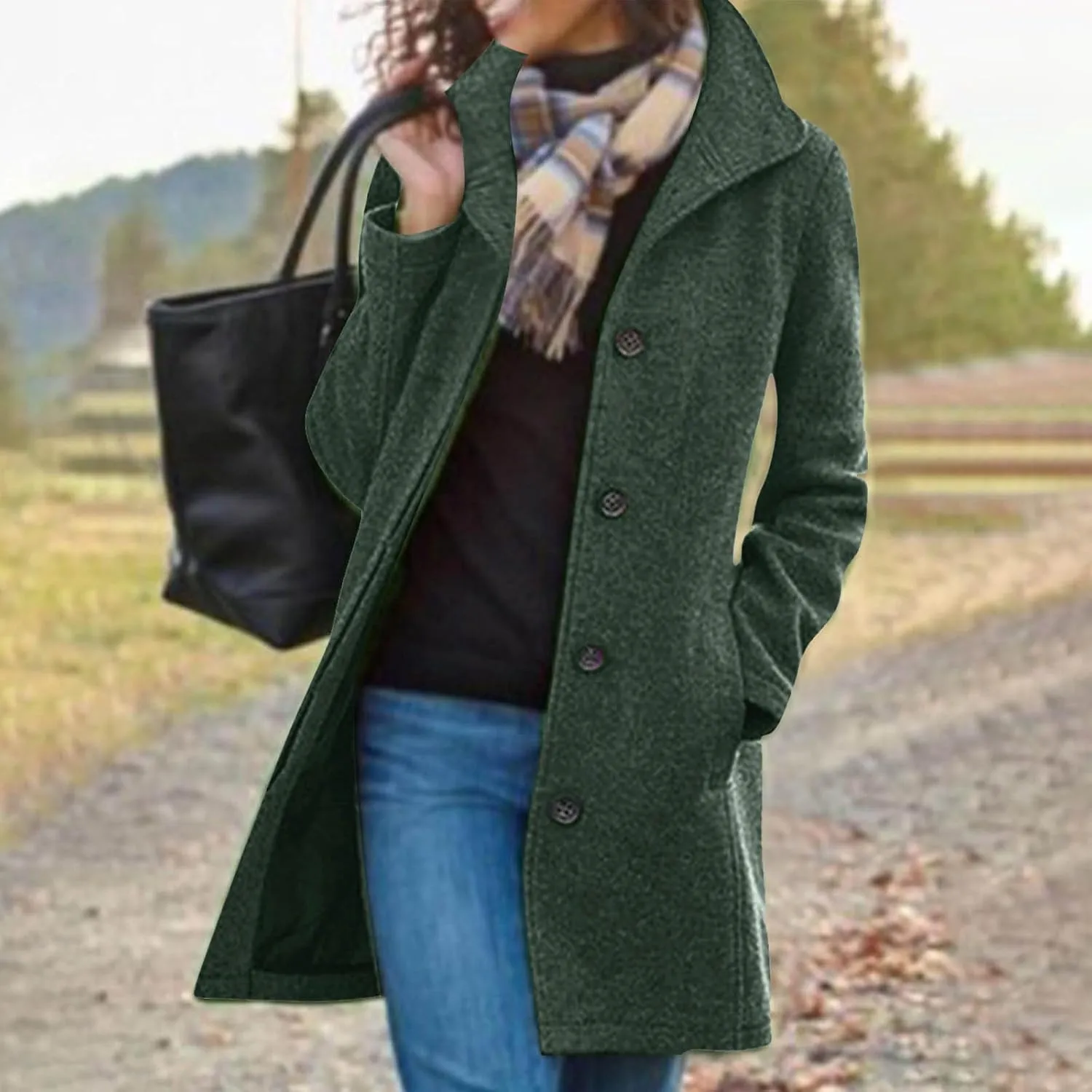 Trench Coat Women Winter Wool Pea Coat Stand Collar Single Breasted Jacket Casual Thicken Overcoat with Pockets