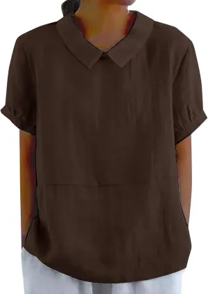 Trendy T Shirts for Women Loose Fit Solid Color Lapel Collar Short Sleeve Linen Blouse Summer Lightweight Workout Top