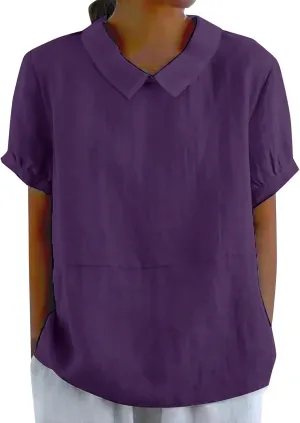 Trendy T Shirts for Women Loose Fit Solid Color Lapel Collar Short Sleeve Linen Blouse Summer Lightweight Workout Top