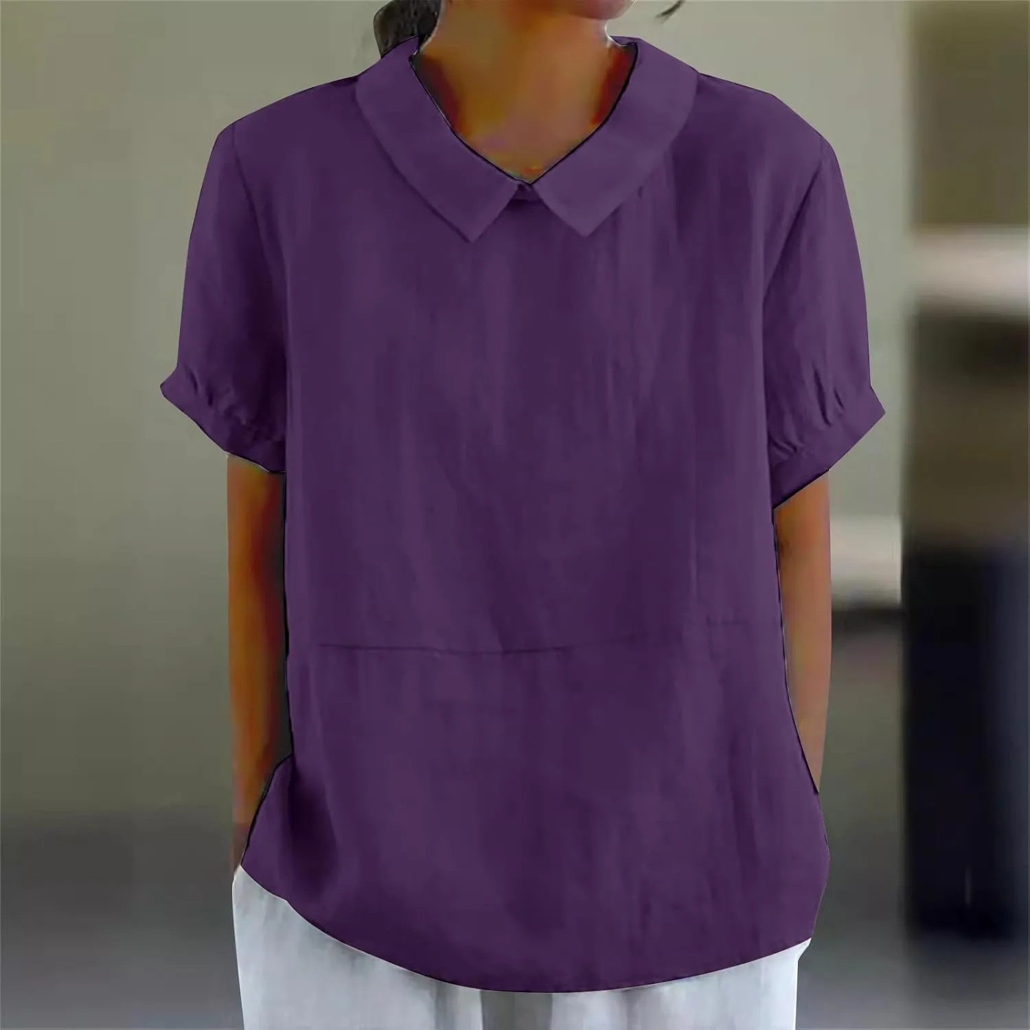 Trendy T Shirts for Women Loose Fit Solid Color Lapel Collar Short Sleeve Linen Blouse Summer Lightweight Workout Top