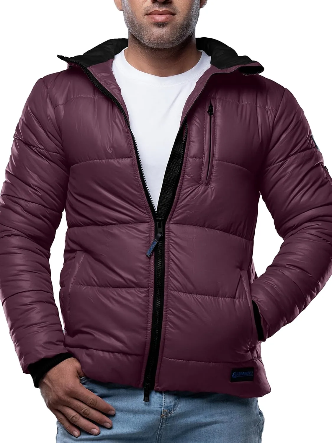 URBAN BUCK Mens Puffer Jacket with Scuba Hood Midweight Winter Recycled Down Windproof and Water Repellent Men Colby Maroon Hiking Coat (S)