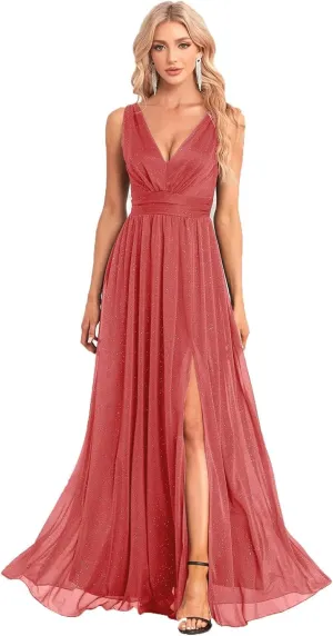 V Neck Formal Dresses for Women 2024 Glitter Evening Gowns Sleeveless A-Line Split Bridesmaid Dresses NA73