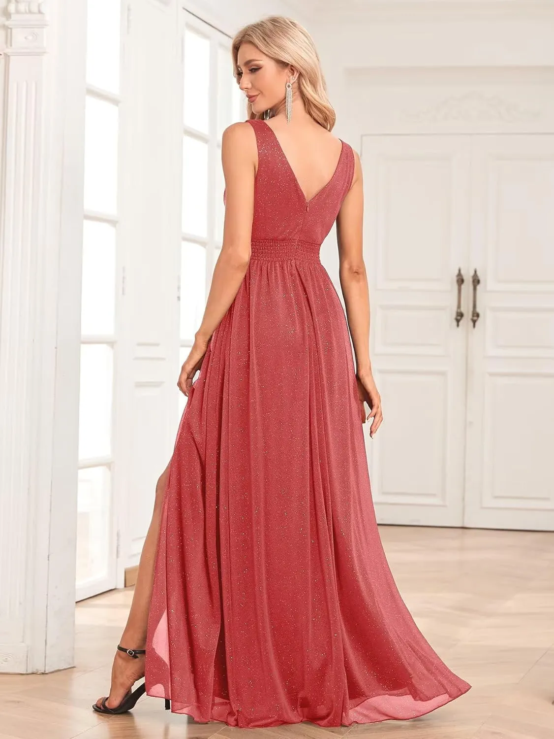 V Neck Formal Dresses for Women 2024 Glitter Evening Gowns Sleeveless A-Line Split Bridesmaid Dresses NA73