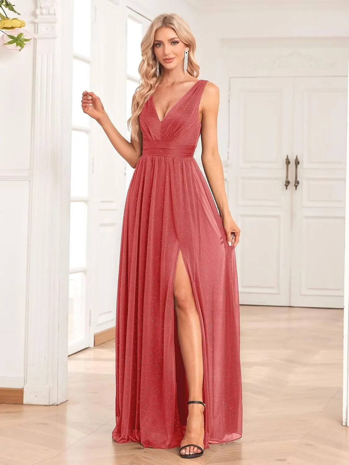 V Neck Formal Dresses for Women 2024 Glitter Evening Gowns Sleeveless A-Line Split Bridesmaid Dresses NA73