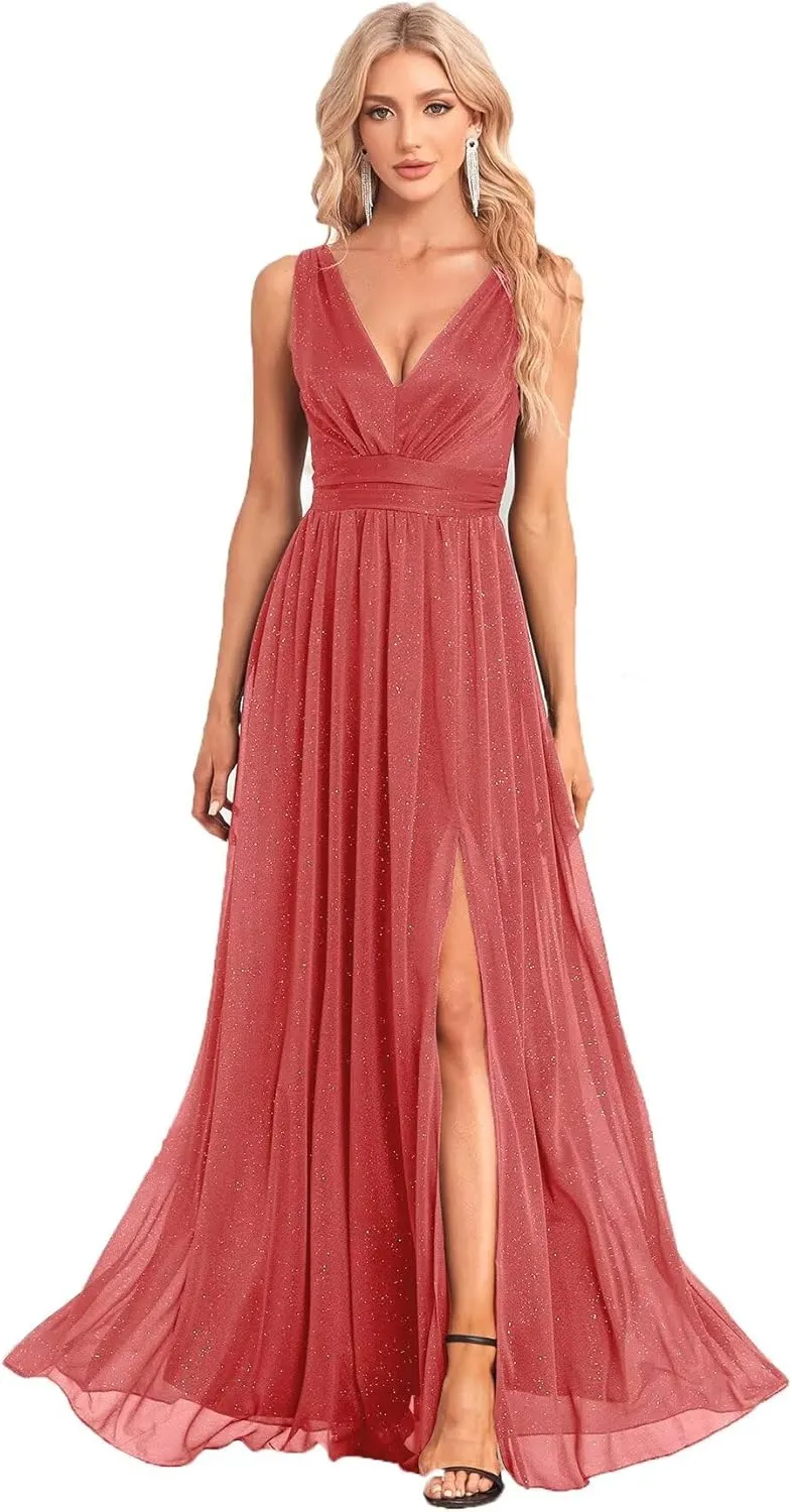 V Neck Formal Dresses for Women 2024 Glitter Evening Gowns Sleeveless A-Line Split Bridesmaid Dresses NA73