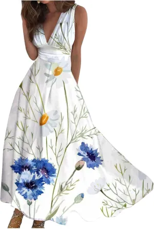 Vacation Dresses for Women Deep V Neck Floral Cute Long Dress Swing Casual Maxi Dresses Sleeveless Sexy Elegant Dress