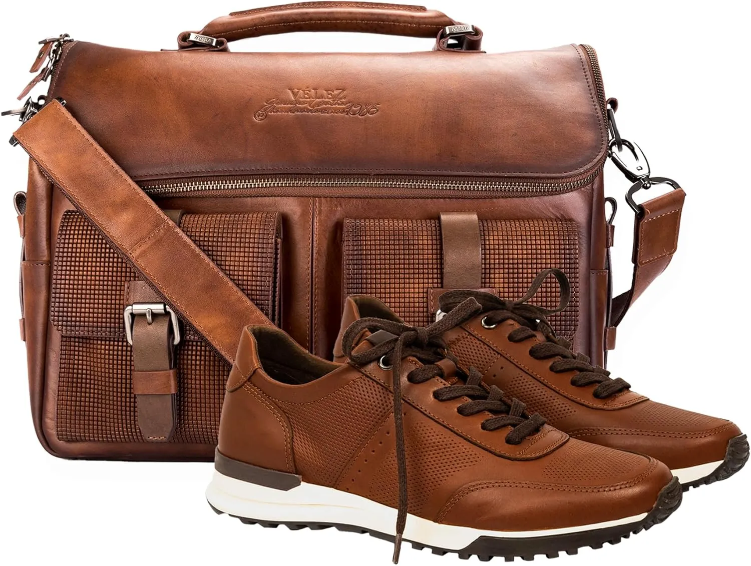 VELEZ 11 Brown Mens Business Casual Sneakers   Full Grain Leather Messenger Bag for Men Business Travel Briefcase Computer Laptop Bag