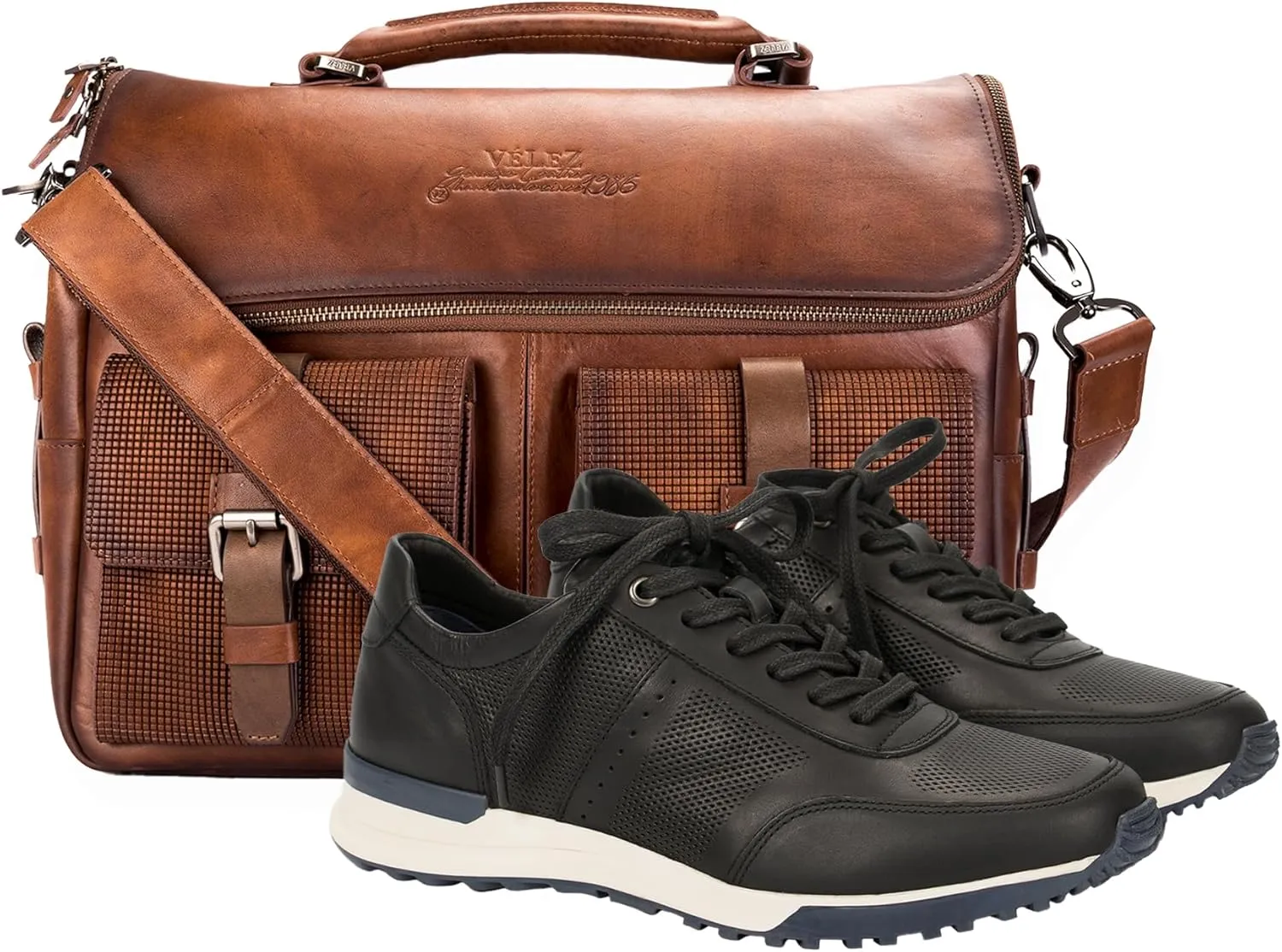 VELEZ 9 Black Mens Business Casual Sneakers   Full Grain Leather Messenger Bag for Men Business Travel Briefcase Computer Laptop Bag