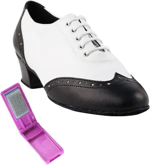 Very Fine Dance Shoes - Ladies Practice, Cuban Low Heel, Waltz Ballroom Dance Shoes - 2008-1.5-inch Heel and Foldable Brush Bundle - Black Leather - White Leather - 9.5