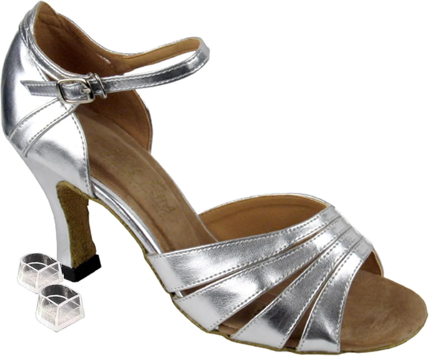 Very Fine Dance Shoes Women's Salsa Ballroom Tango Latin Dance Shoes Style 1680 Bundle with Plastic Dance Shoe Heel Protectors, Silver Leather 5.5 M US Heel 3 Inch