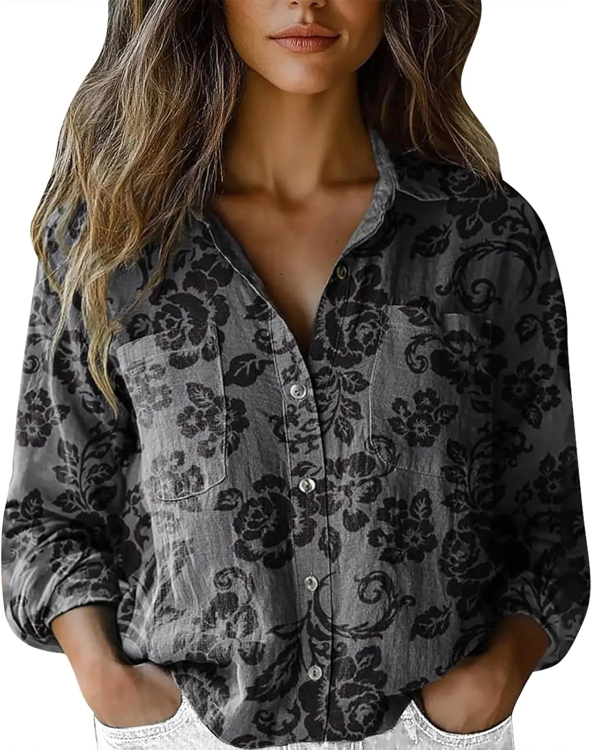 Vintage Boho Tops for Women Floral Print Shirt Casual Long Sleeve Button Up Blouses Long Sleeve Boho Shirts Tops