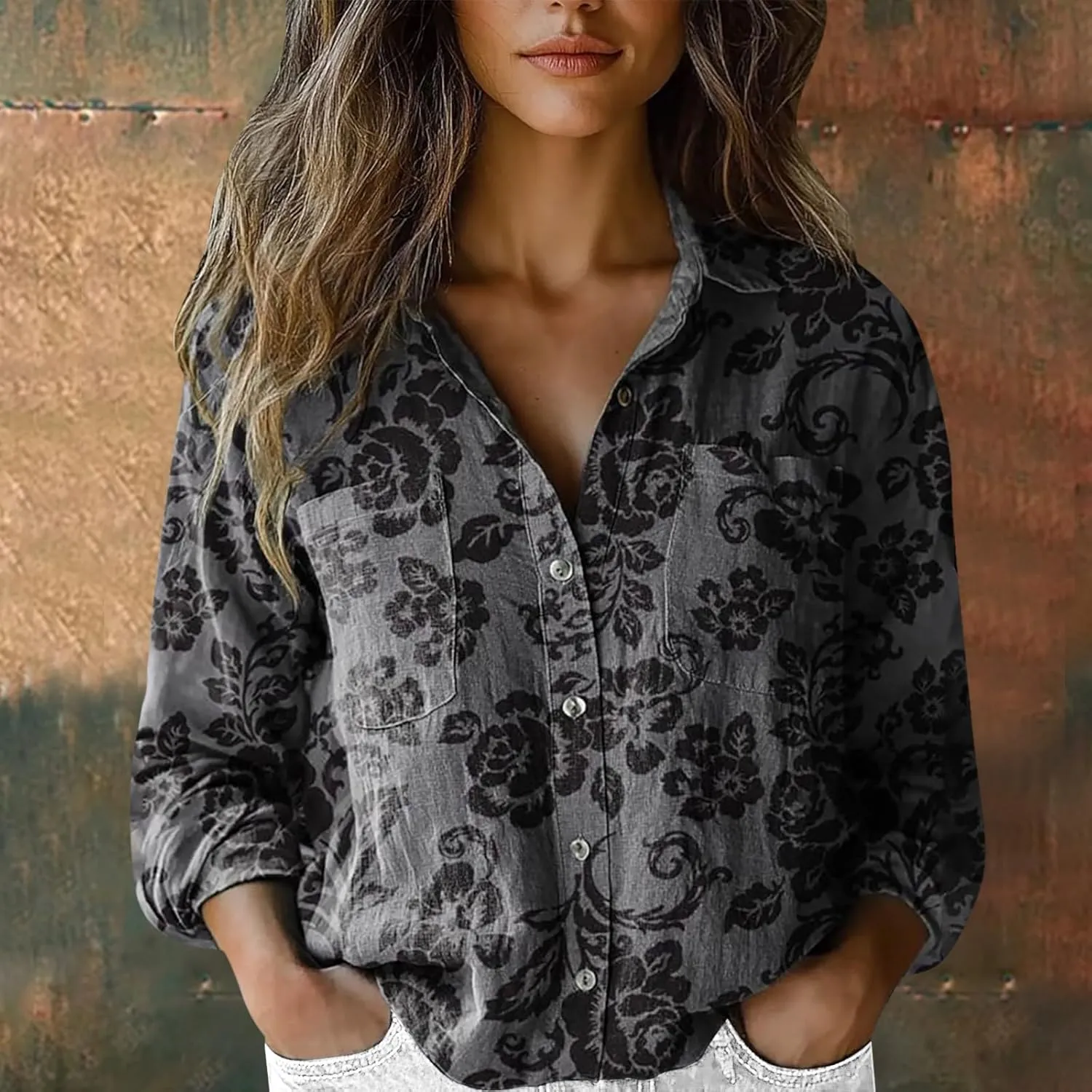 Vintage Boho Tops for Women Floral Print Shirt Casual Long Sleeve Button Up Blouses Long Sleeve Boho Shirts Tops