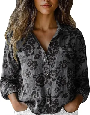 Vintage Boho Tops for Women Floral Print Shirt Casual Long Sleeve Button Up Blouses Long Sleeve Boho Shirts Tops