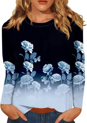 Vintage Tees for Women Women's Fashion Casual Round Neck Long Sleeve Printed T-Shirt Top