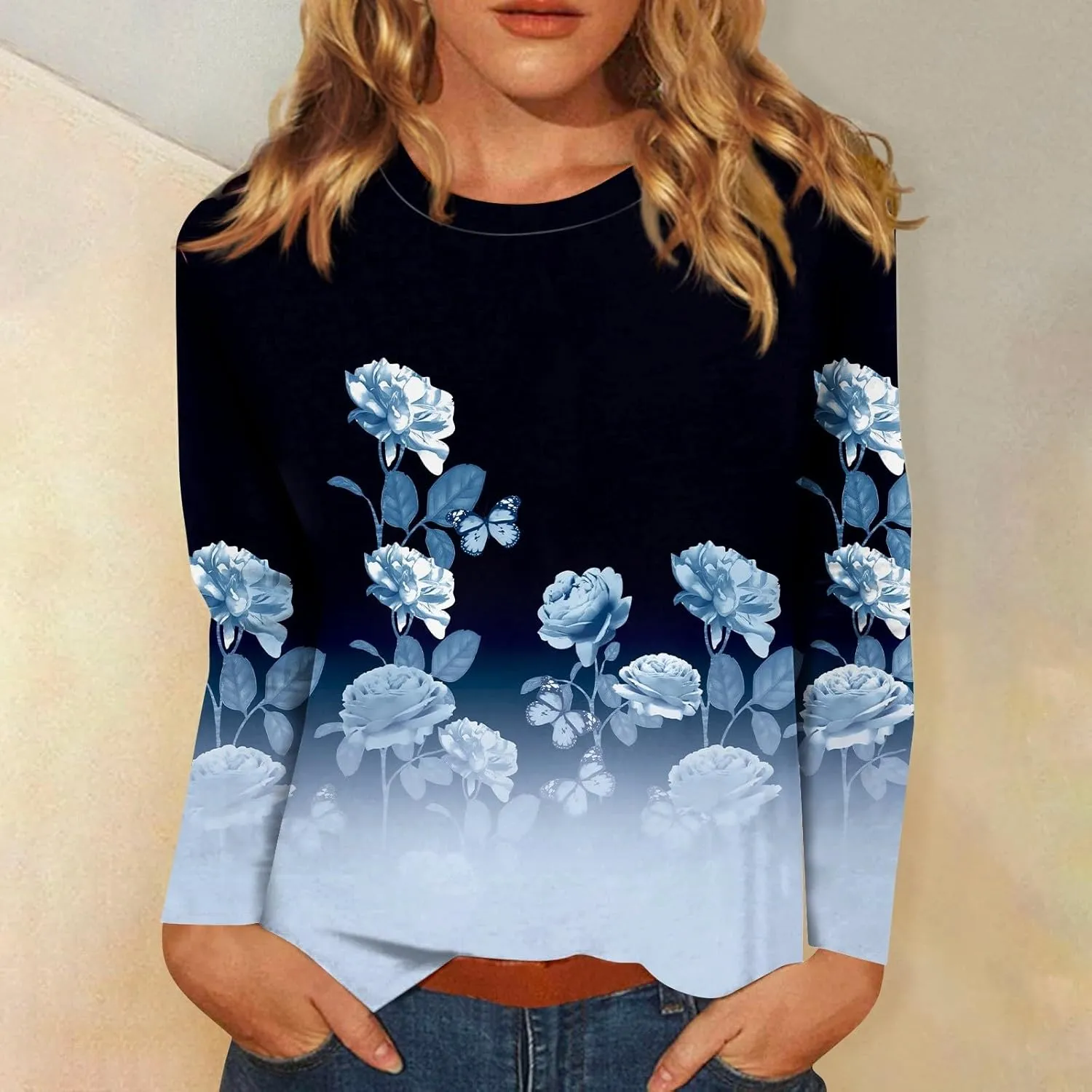 Vintage Tees for Women Women's Fashion Casual Round Neck Long Sleeve Printed T-Shirt Top