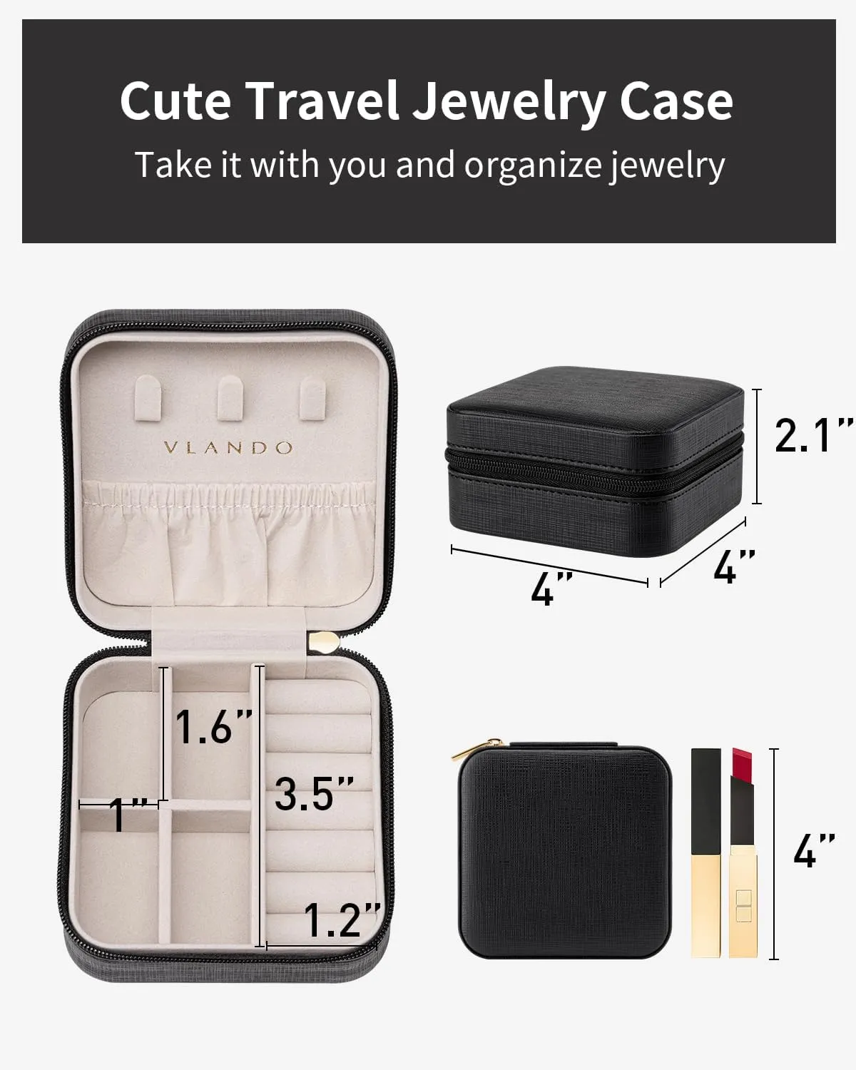 Vlando Travel Jewelry Box, Small Jewelry Travel Organizer Case for Girls Women - Black