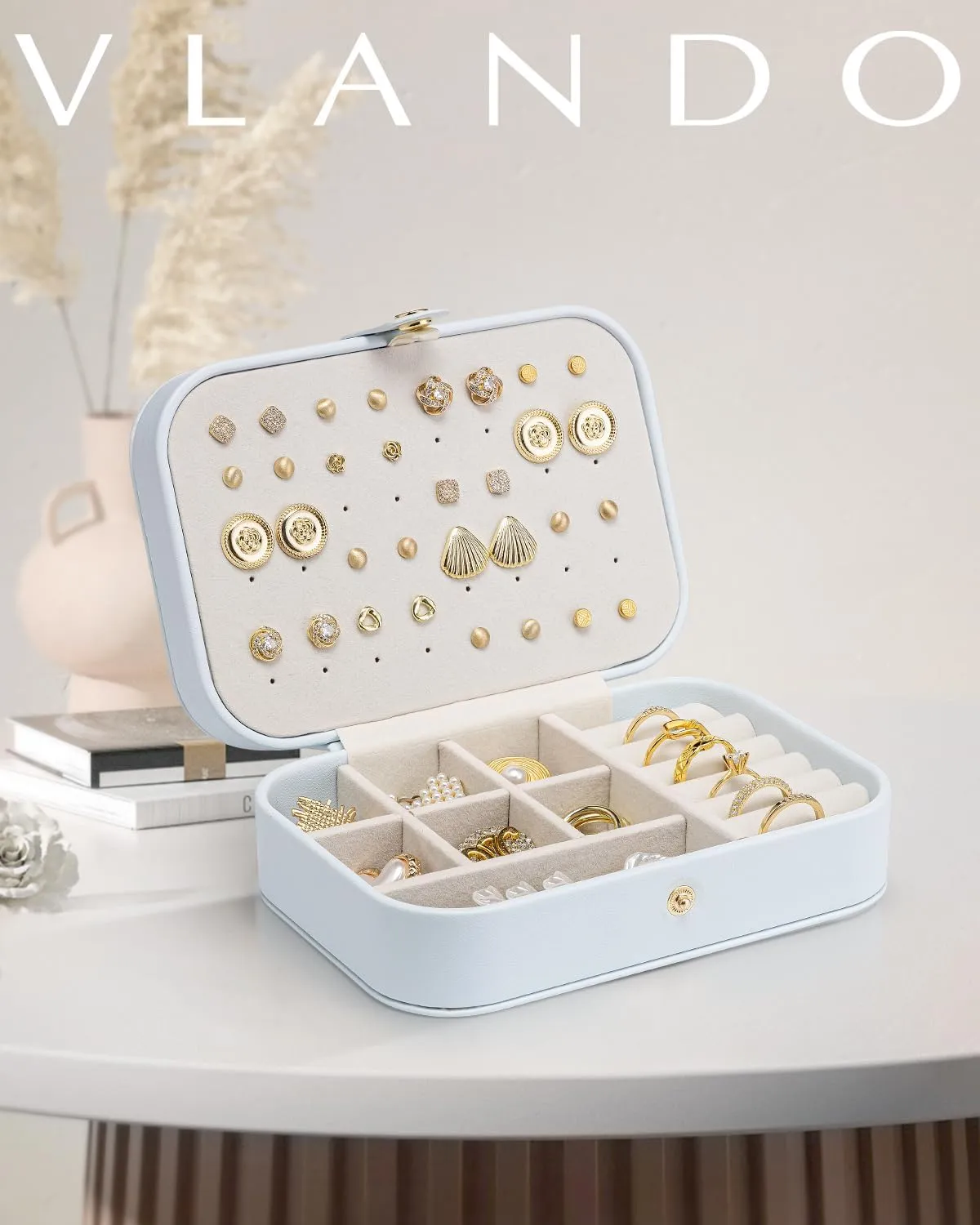 Vlando Travel Jewelry Case, PU Leather Travel Jewelry Box with Earring Holder, Portable Display Mini Jewelry Case for Mothers Day Women Girls Gift - Blue