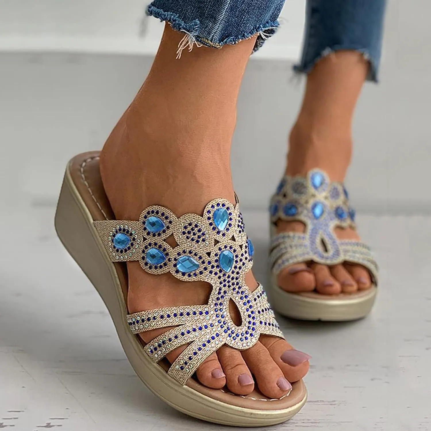 Wave Casual Slippers Sandals Point Slope Causal Women's Cat Slide Women's Shoes Heel Bohemian Wedges Water Drop