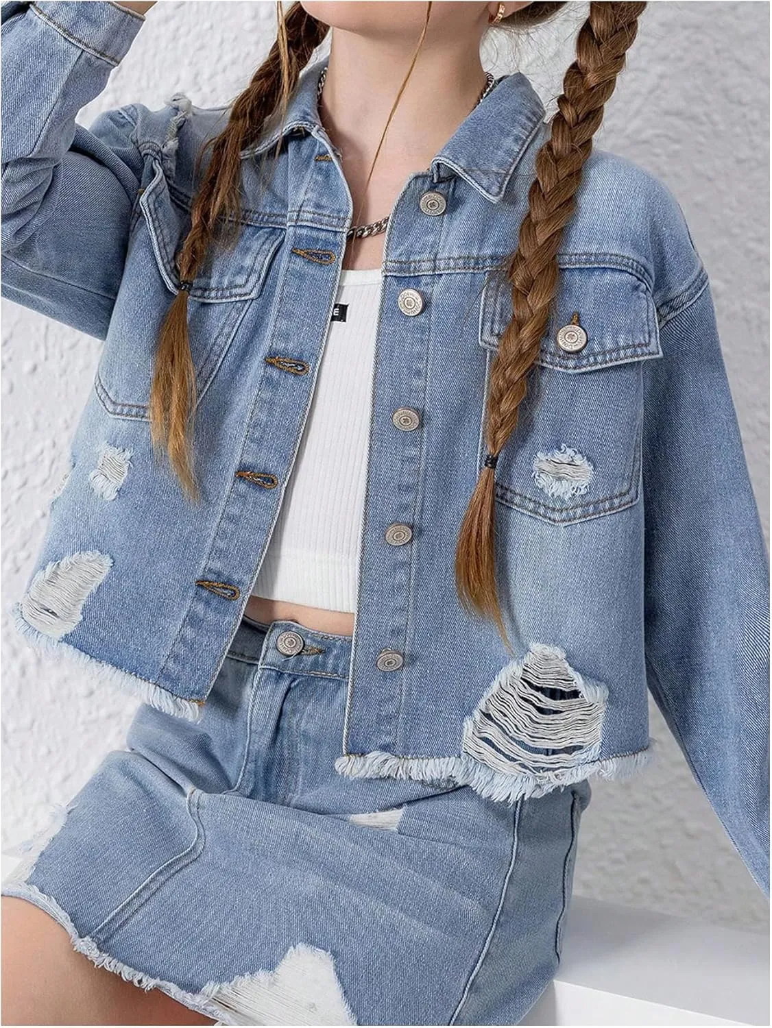 WDIRARA Girl's Distressed Denim Jackets Raw Hem Button Down Long Sleeve Jean Outerwear