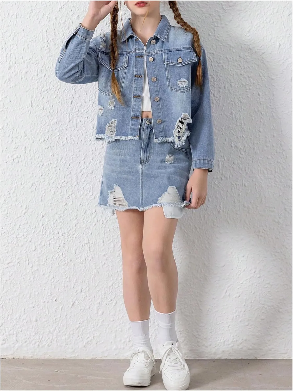 WDIRARA Girl's Distressed Denim Jackets Raw Hem Button Down Long Sleeve Jean Outerwear