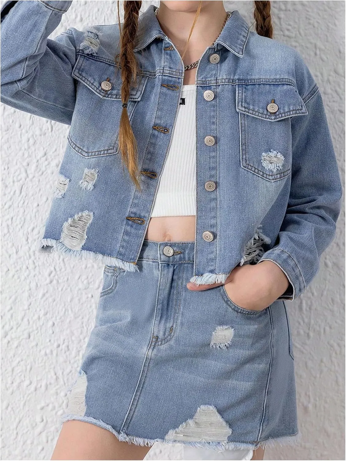WDIRARA Girl's Distressed Denim Jackets Raw Hem Button Down Long Sleeve Jean Outerwear