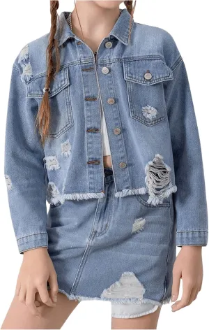 WDIRARA Girl's Distressed Denim Jackets Raw Hem Button Down Long Sleeve Jean Outerwear