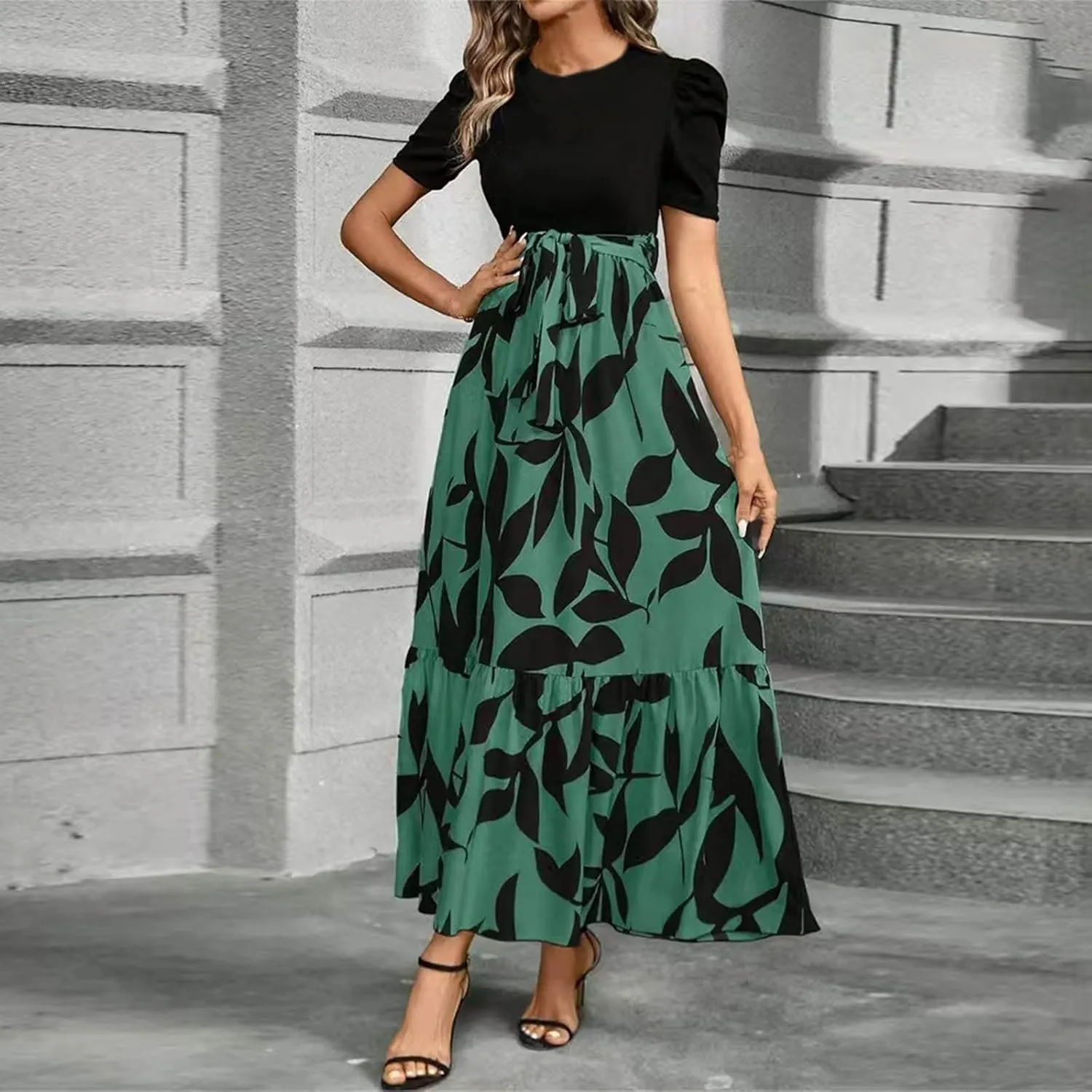 Wedding Guest Dresses for Women Summer Short Sleeve Floral Long Dress Elegant Party Cocktail A Line Flowy Maxi Dress