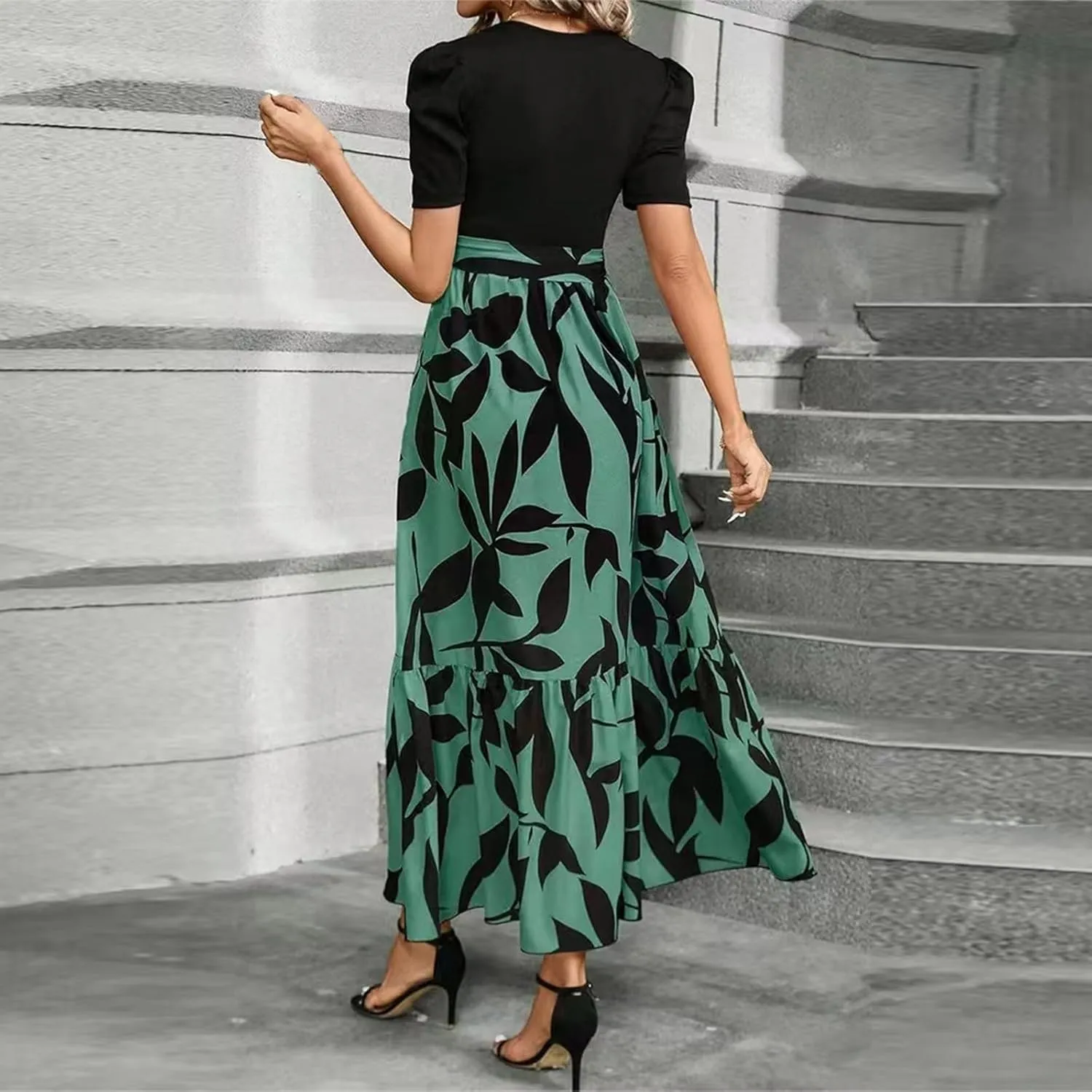 Wedding Guest Dresses for Women Summer Short Sleeve Floral Long Dress Elegant Party Cocktail A Line Flowy Maxi Dress