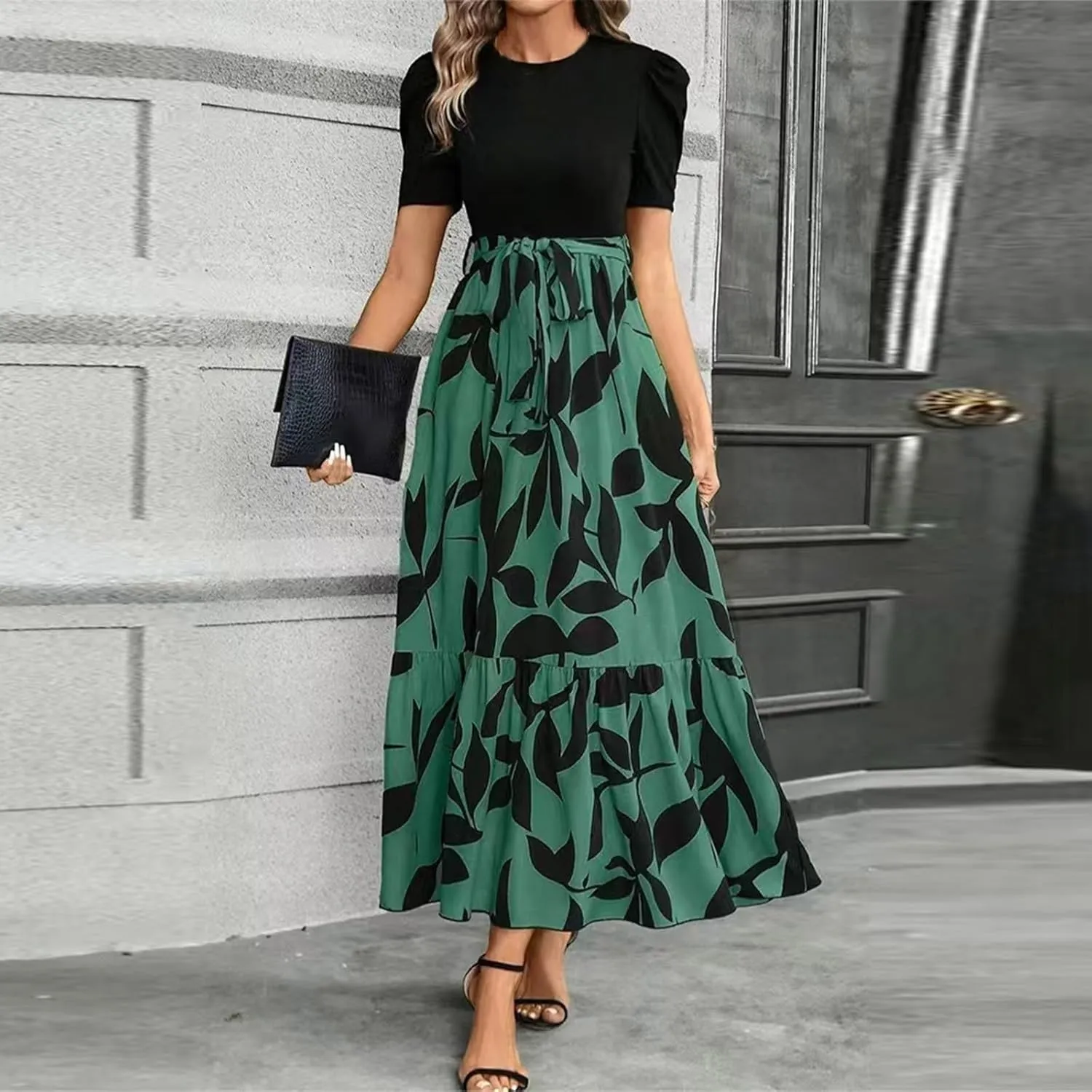 Wedding Guest Dresses for Women Summer Short Sleeve Floral Long Dress Elegant Party Cocktail A Line Flowy Maxi Dress