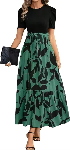 Wedding Guest Dresses for Women Summer Short Sleeve Floral Long Dress Elegant Party Cocktail A Line Flowy Maxi Dress