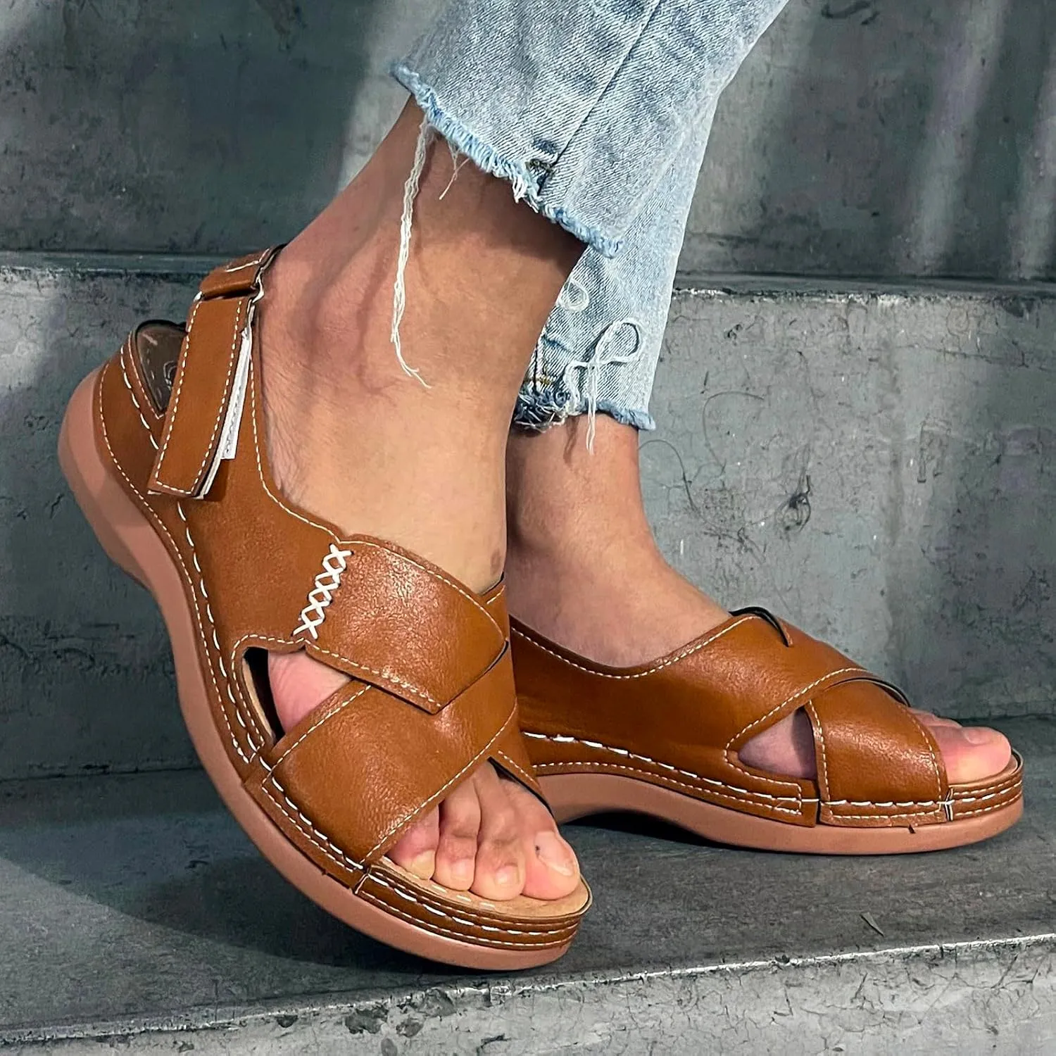 Wedges for Women Women Walking Sandals Casual Elastic Ankle Strap Platform Sandals Womens Platform Comfortable Summer Casual Dress Sandal Wide Arch Support Womens Black