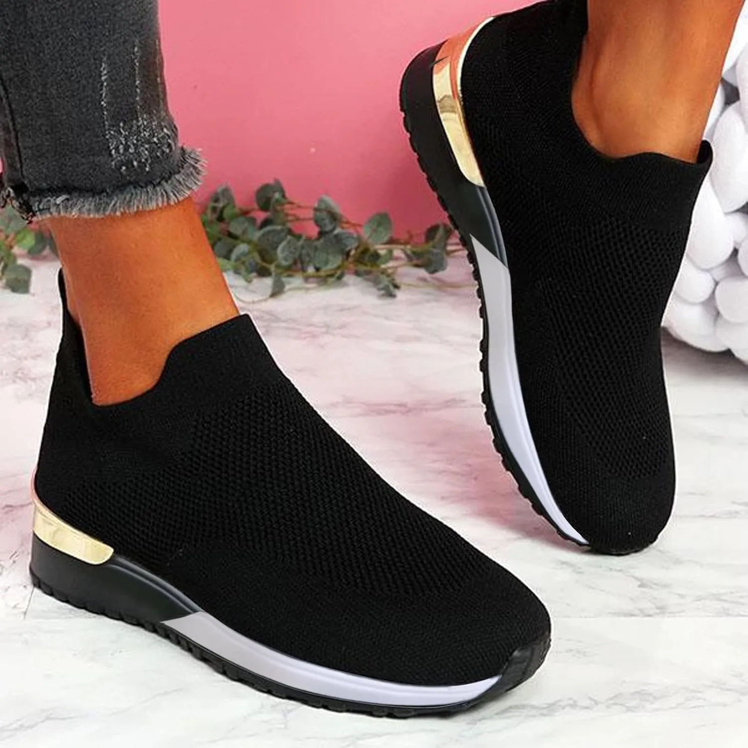 White Wide Width Casual Sneakers Women Cute Black Shoes for Women Womens Casual Shoes Slip On Loafers Silver Wedge Sneakers for Women Dressy Zapatos De Mujer CModos Bajos para Fiesta Cerrados