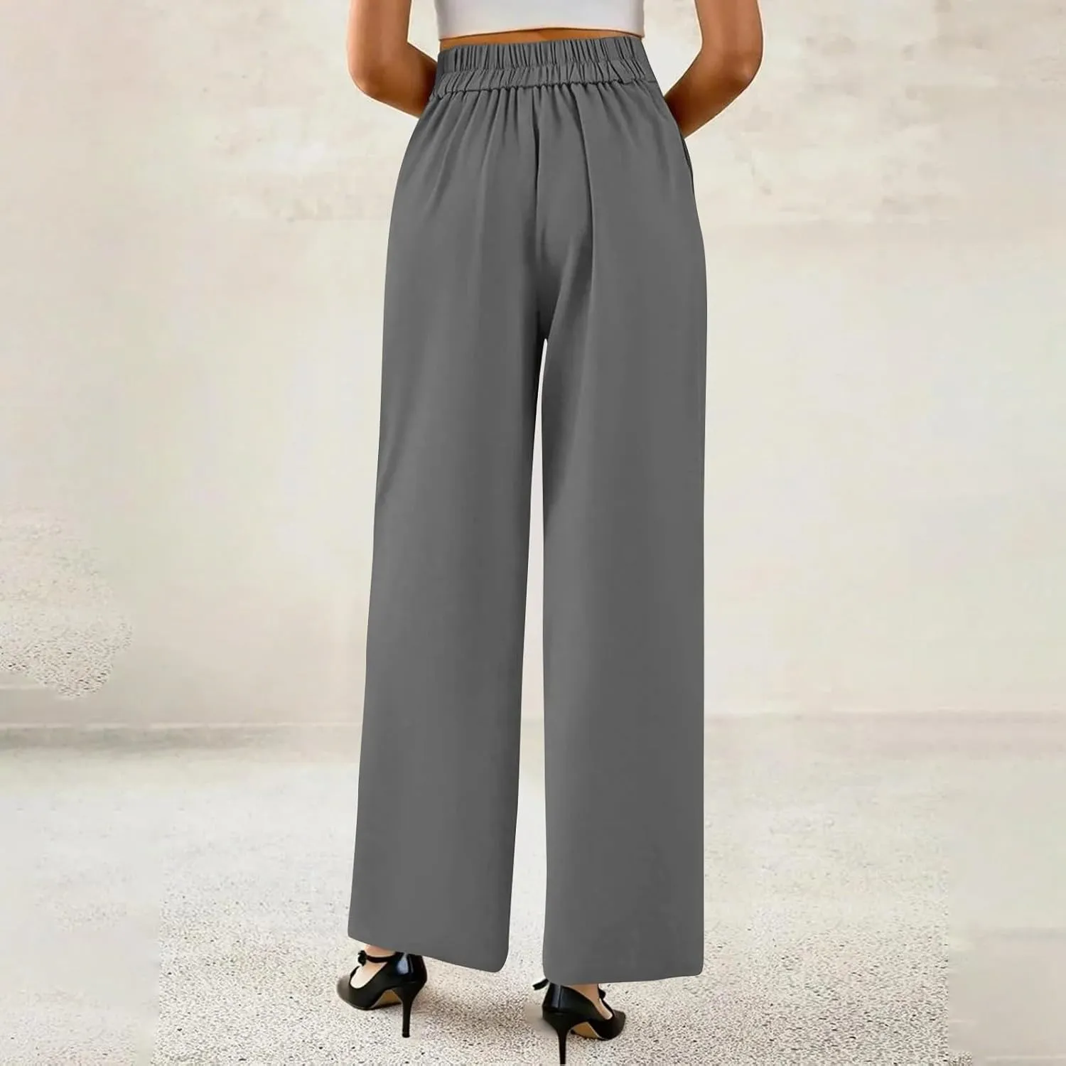 Wide Leg Dress Pants Women Summer Button High Waist Business Work Pants Relaxed Fit Formal Office Trousers w/Pockets