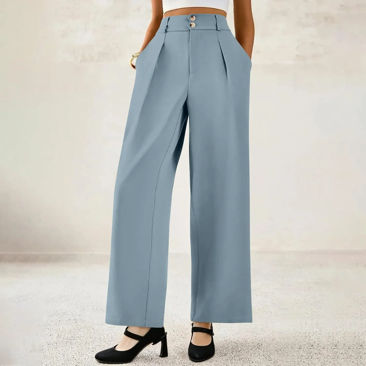 Wide Leg Dress Pants Women Summer Button High Waist Business Work Pants Relaxed Fit Formal Office Trousers w/Pockets