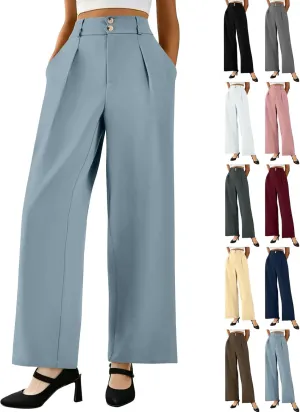 Wide Leg Dress Pants Women Summer Button High Waist Business Work Pants Relaxed Fit Formal Office Trousers w/Pockets