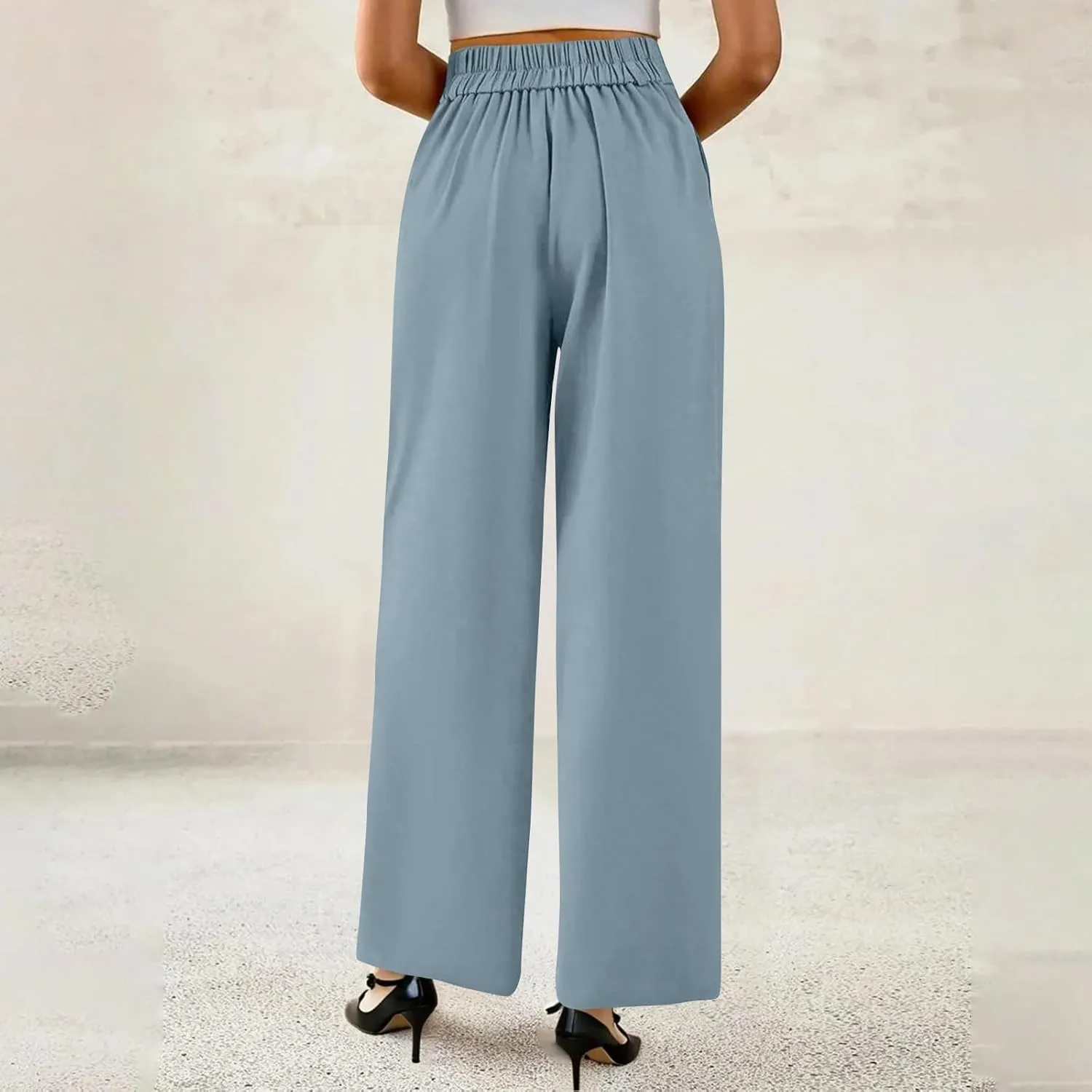 Wide Leg Dress Pants Women Summer Button High Waist Business Work Pants Relaxed Fit Formal Office Trousers w/Pockets