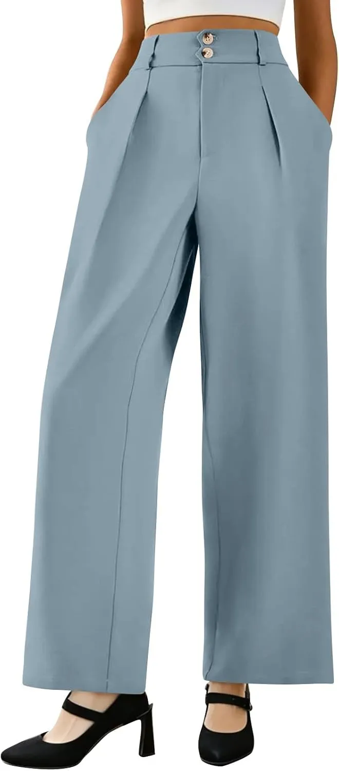 Wide Leg Dress Pants Women Summer Button High Waist Business Work Pants Relaxed Fit Formal Office Trousers w/Pockets