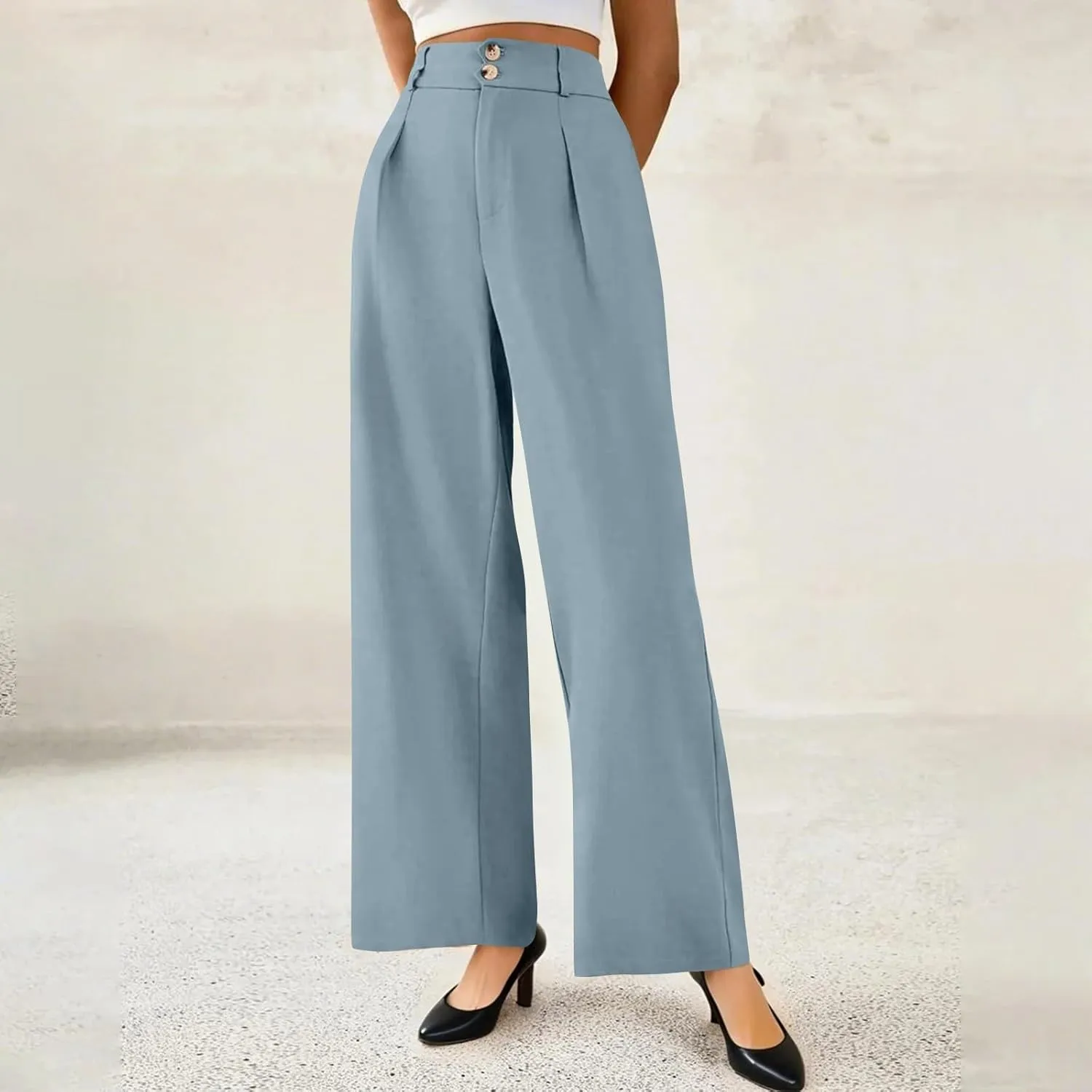 Wide Leg Dress Pants Women Summer Button High Waist Business Work Pants Relaxed Fit Formal Office Trousers w/Pockets