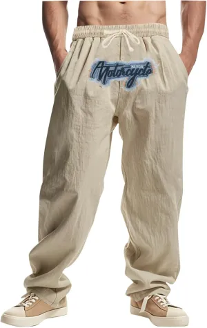 Wide Leg Linen Pants Men Summer Casual Elastic Waist Trousers with Pockets Relaxed Fit Beach Yoga Print Lounge Pants