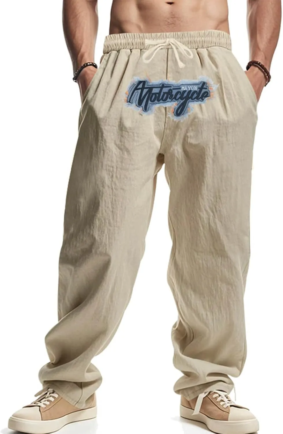Wide Leg Linen Pants Men Summer Casual Elastic Waist Trousers with Pockets Relaxed Fit Beach Yoga Print Lounge Pants