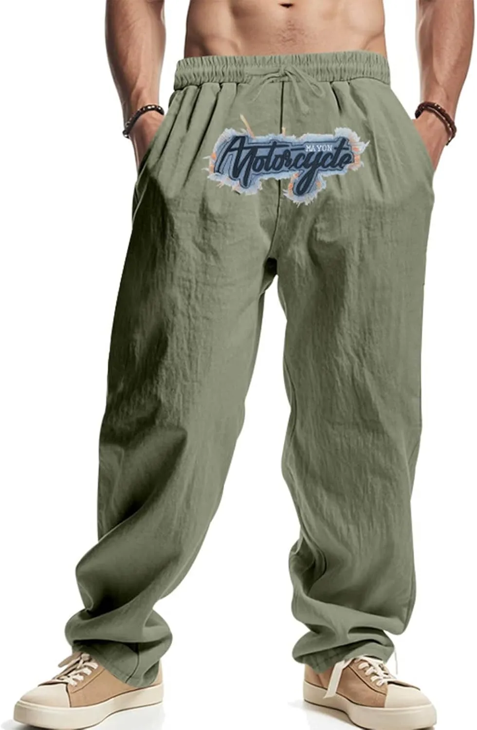 Wide Leg Linen Pants Men Summer Casual Elastic Waist Trousers with Pockets Relaxed Fit Beach Yoga Print Lounge Pants