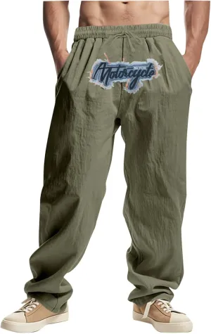 Wide Leg Linen Pants Men Summer Casual Elastic Waist Trousers with Pockets Relaxed Fit Beach Yoga Print Lounge Pants
