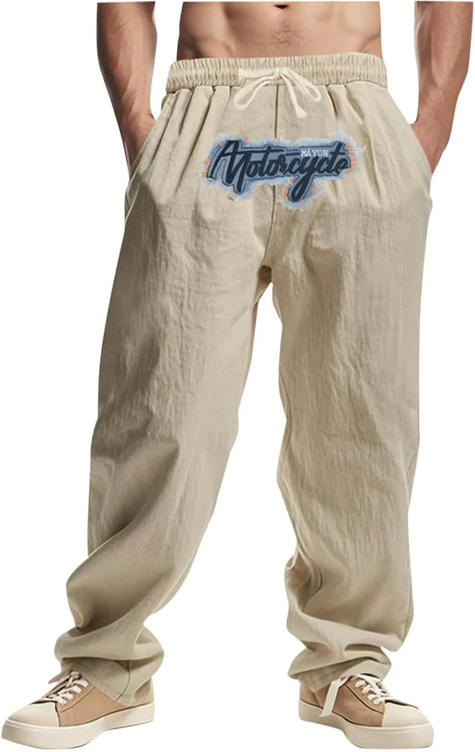 Wide Leg Linen Pants Men Summer Casual Elastic Waist Trousers with Pockets Relaxed Fit Beach Yoga Print Lounge Pants