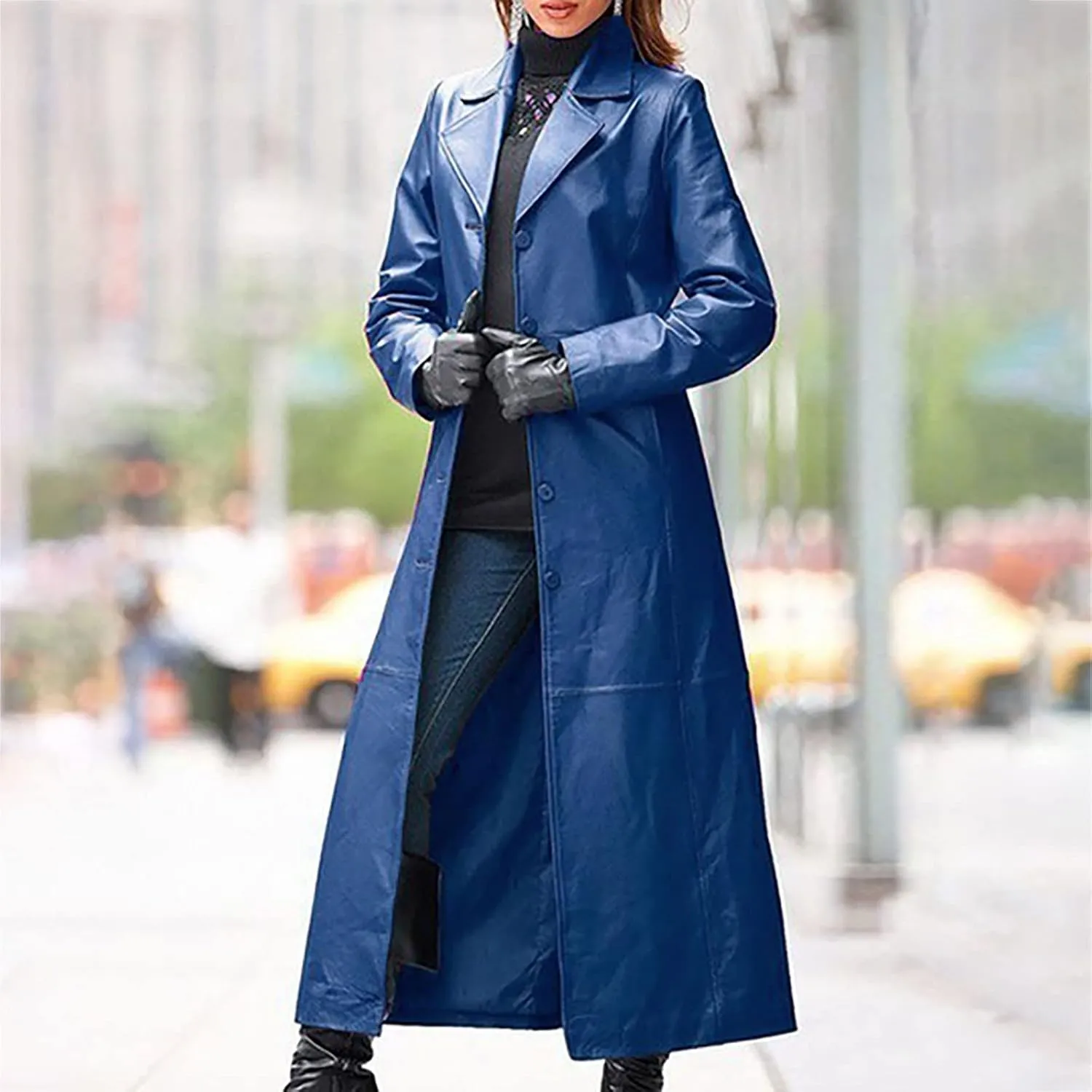 Winter Jackets for Women Trench Coats PU Faux Leather Jacket Maxi Long Motorcycle Jacket Notch Lapel Coat Outwear