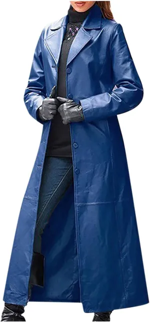 Winter Jackets for Women Trench Coats PU Faux Leather Jacket Maxi Long Motorcycle Jacket Notch Lapel Coat Outwear