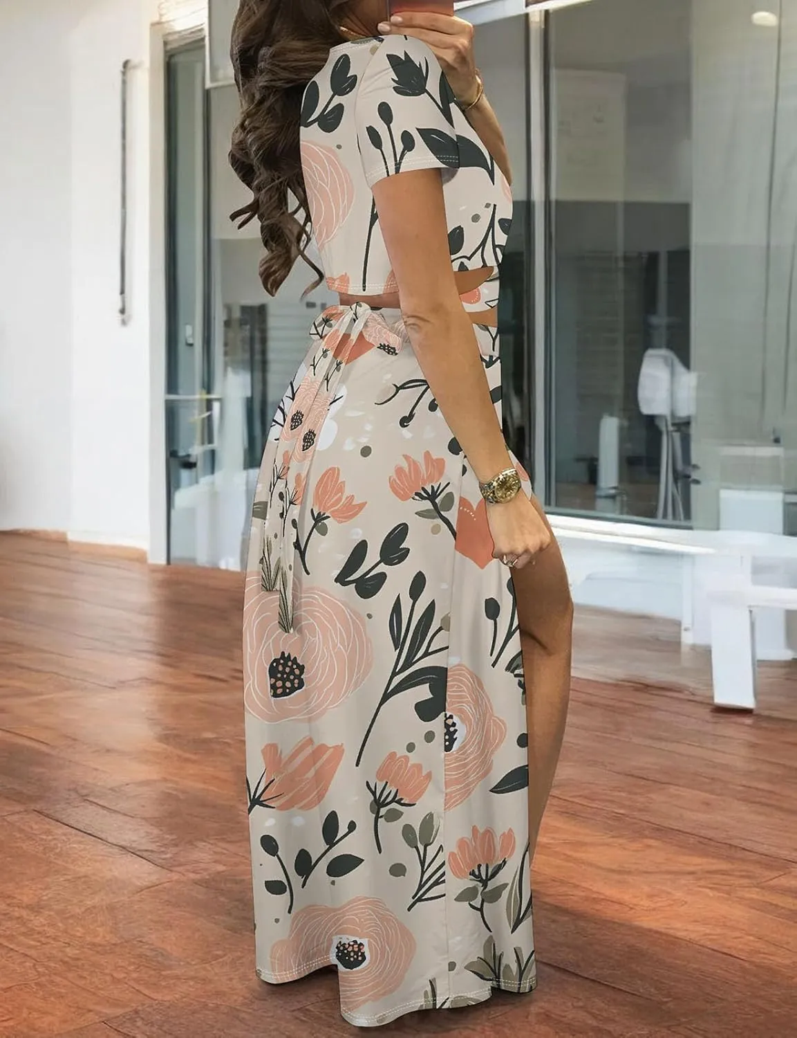 WOKANSE Women's Sexy 2 Piece Outfits Summer Beach Boho Floral Dress V Neck Crop Tops and High Split Maxi Skirt Sets