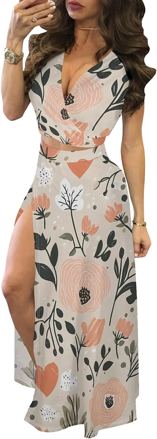 WOKANSE Women's Sexy 2 Piece Outfits Summer Beach Boho Floral Dress V Neck Crop Tops and High Split Maxi Skirt Sets
