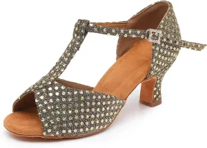 Woman Rhinestone Latin Dance Shoes Tango Ballroom Dance Shoe Ladies High Heels Soft Sole Women Sandals Wedding Shoes(Brown 5.5cm,42)